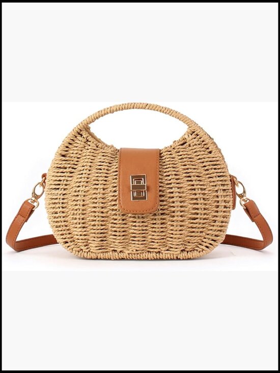 Handbags - Woven Straw Crossbody Handbag with Top Handle Detachable Strap Summer Beach